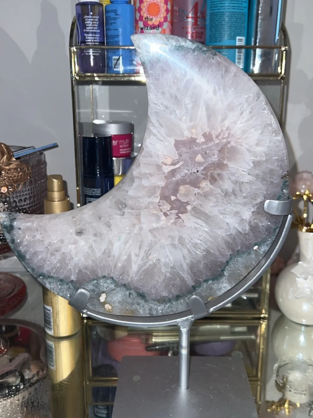 Moon-Shaped pink Amethyst Crystal with Display Stand -
